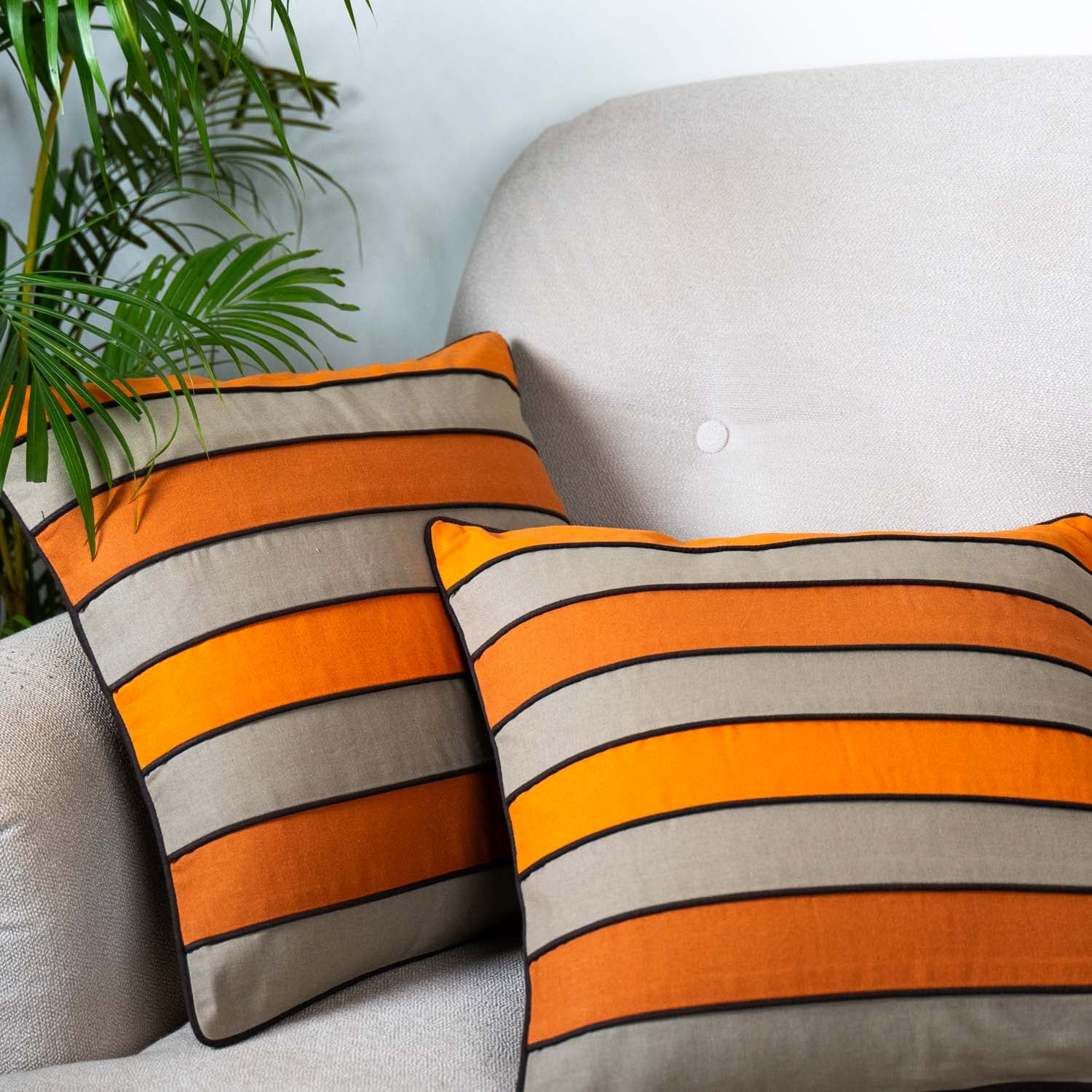 Orange & Beige Striped Cushion Cover (Set of 2)