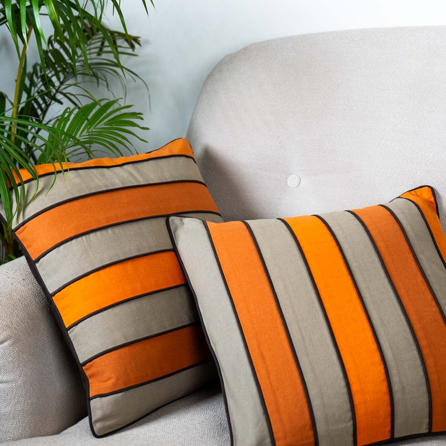 Orange & Beige Striped Cushion Cover (Set of 2)