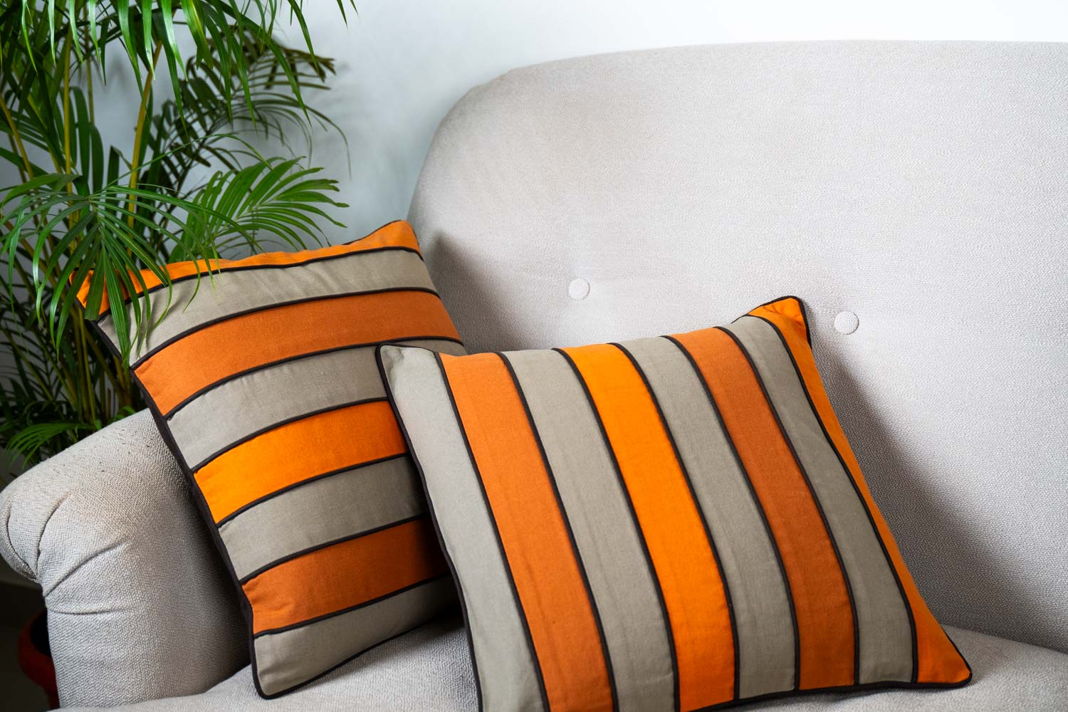 Orange & Beige Striped Cushion Cover (Set of 2)