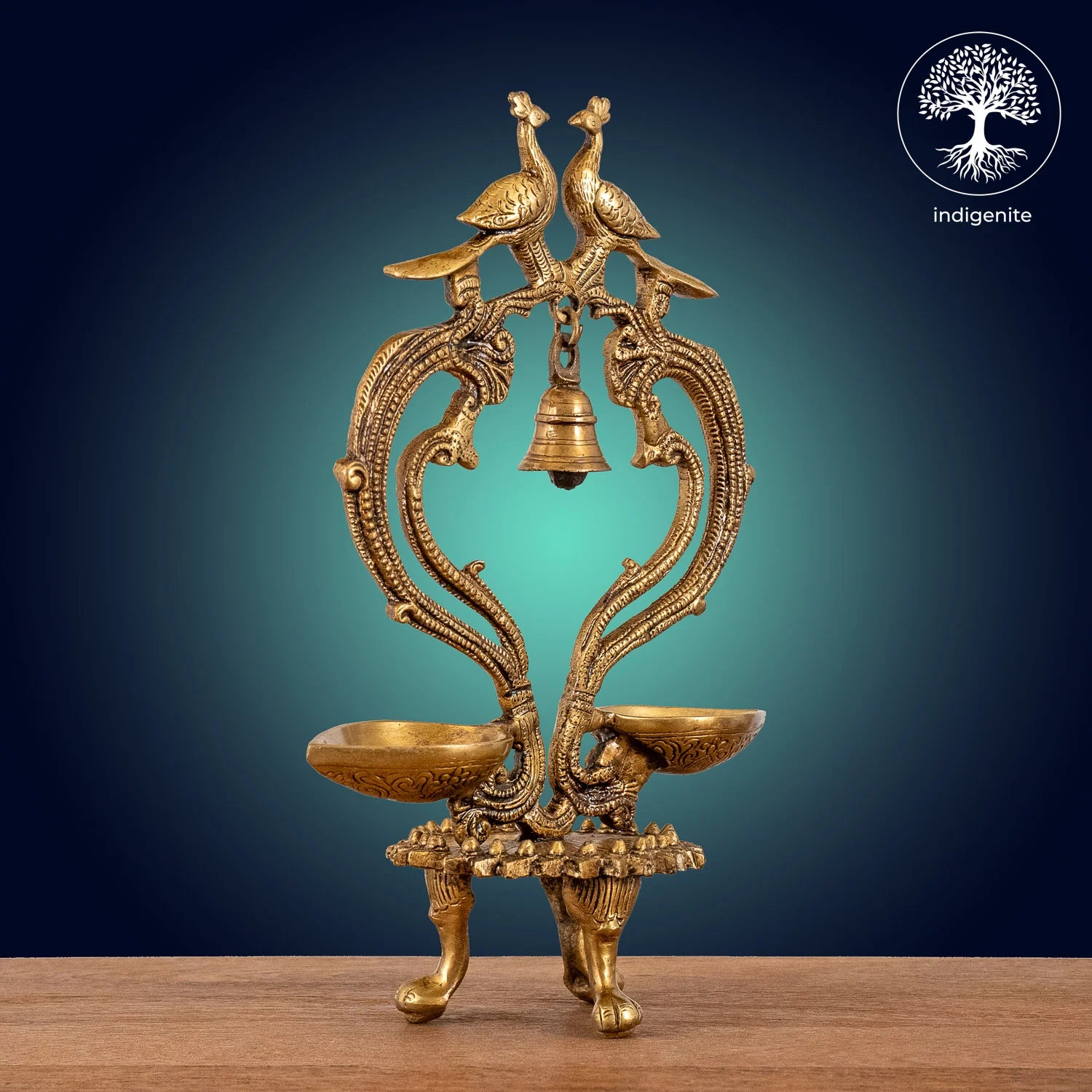 Peacock with Bell Over Two Diya - Brass Decorative