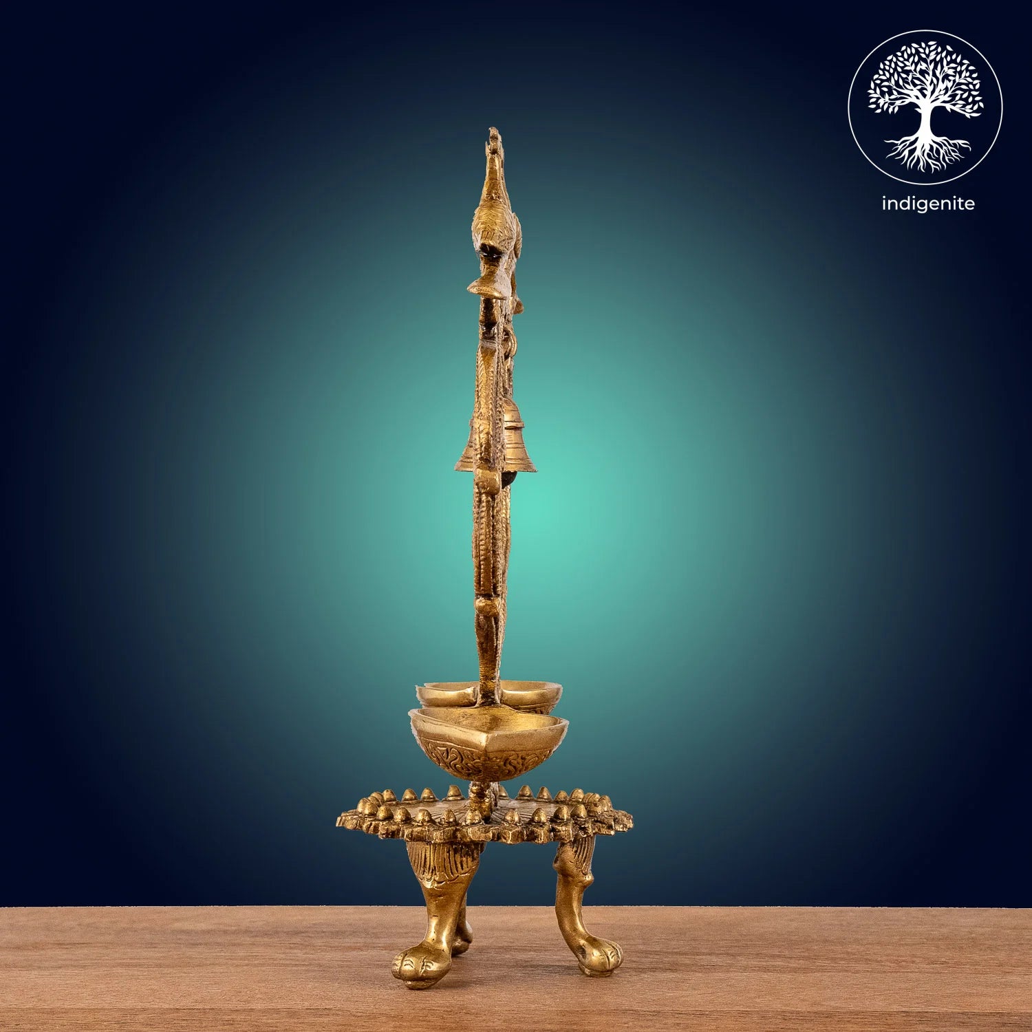 Peacock with Bell Over Two Diya - Brass Decorative