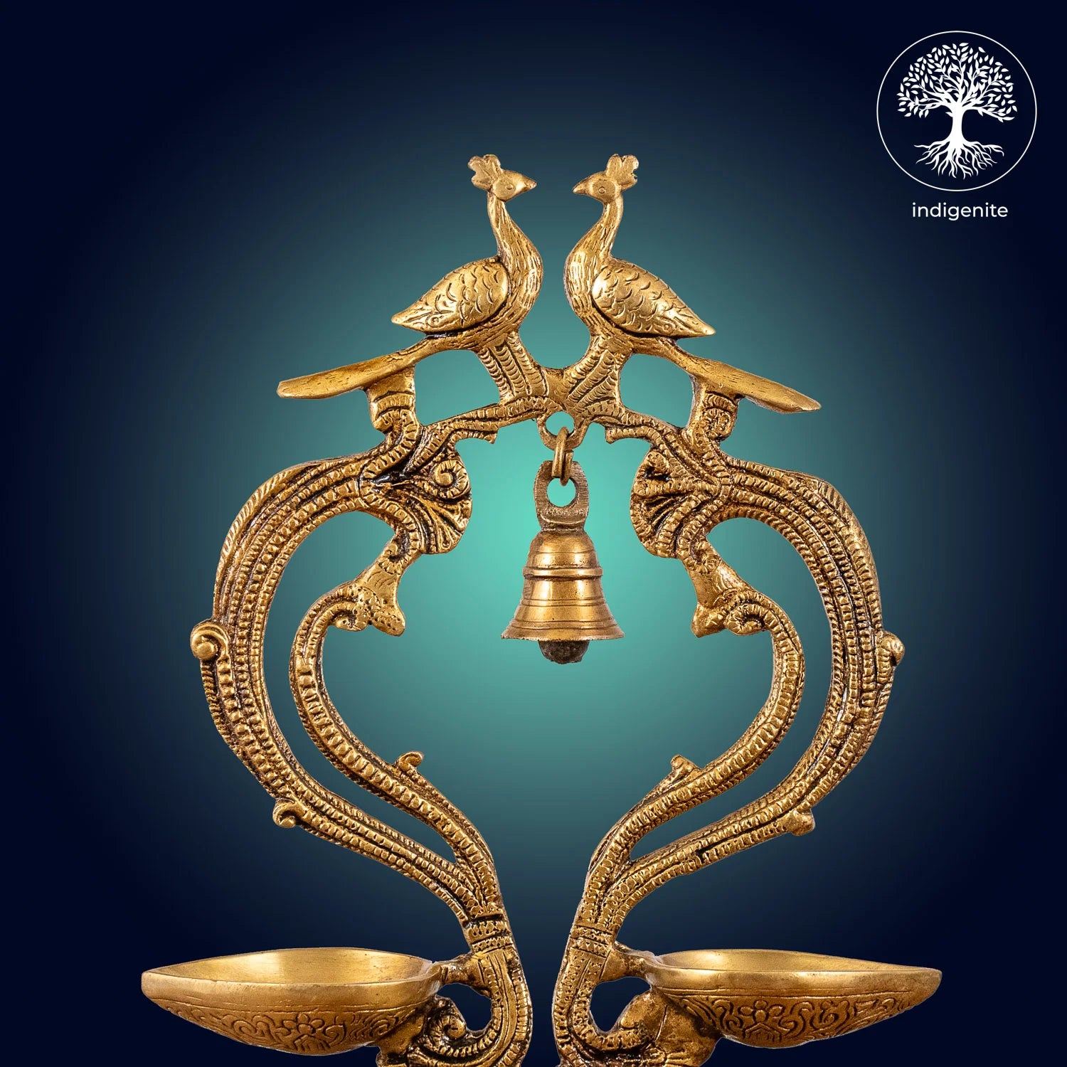 Peacock with Bell Over Two Diya - Brass Decorative
