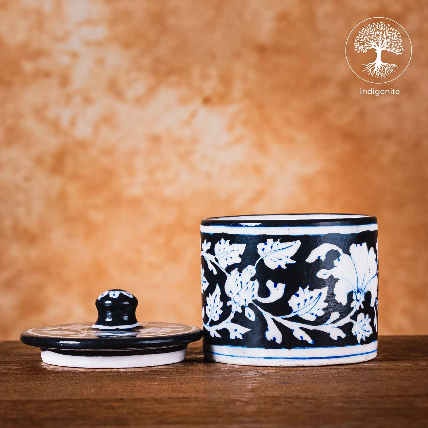 Black and White Floral Cotton Jar 3 Inches - Jaipur Blue Pottery