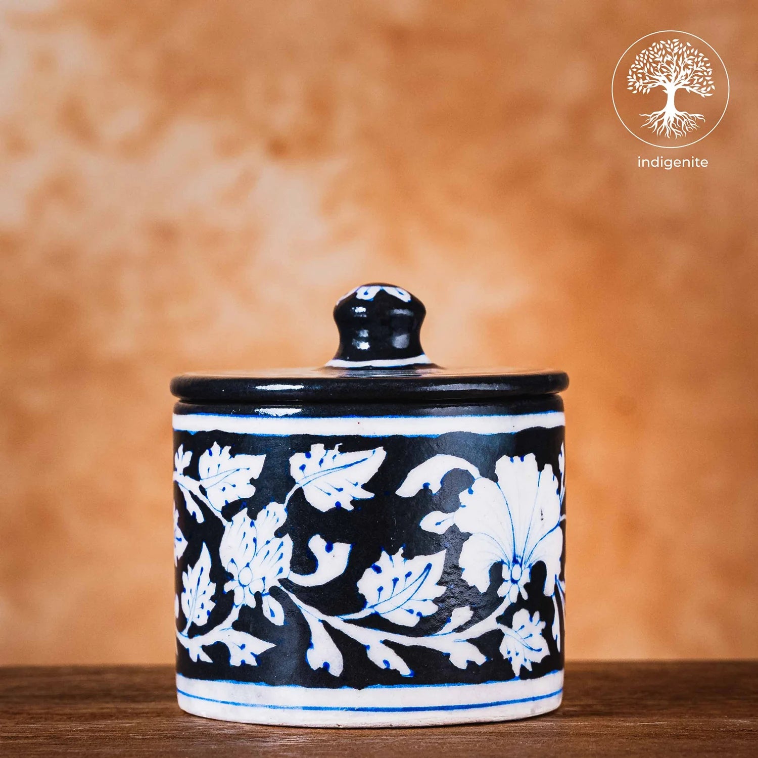 Black and White Floral Cotton Jar 3 Inches - Jaipur Blue Pottery