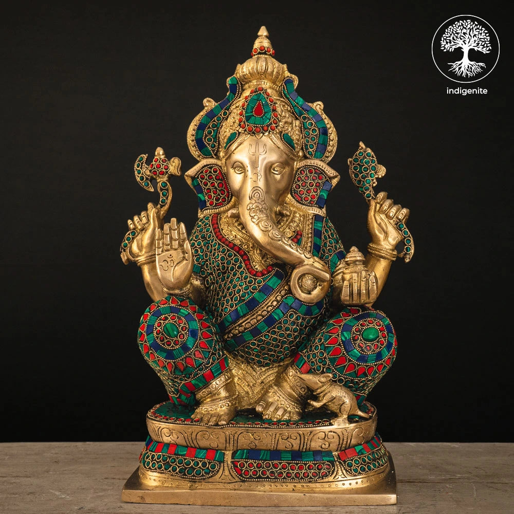 Lord Ganesh Idol - Brass Statue with Stonework