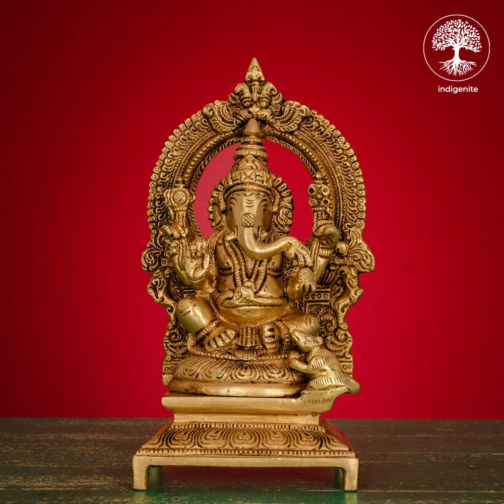 Lord Ganesh Idol Sitting on Singhasan - Brass Statue