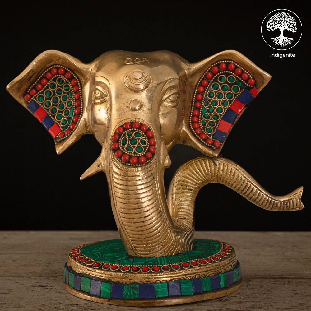 Modern Lord Ganesh Mukh Idol - Brass Staute with Stonework