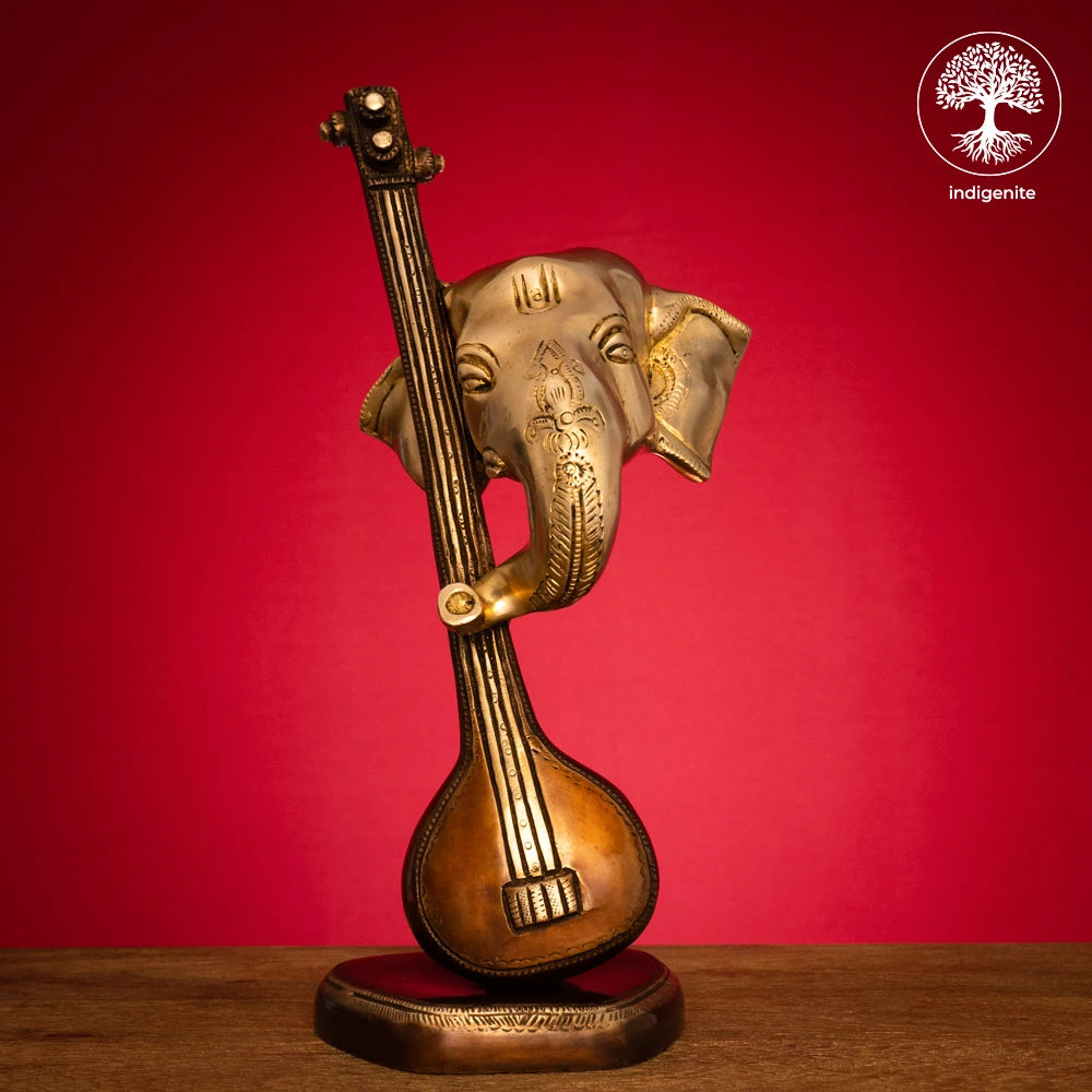 Modern Lord Ganesh Mukh with Veena Idol - Brass Staute in Brown and Gold Hues
