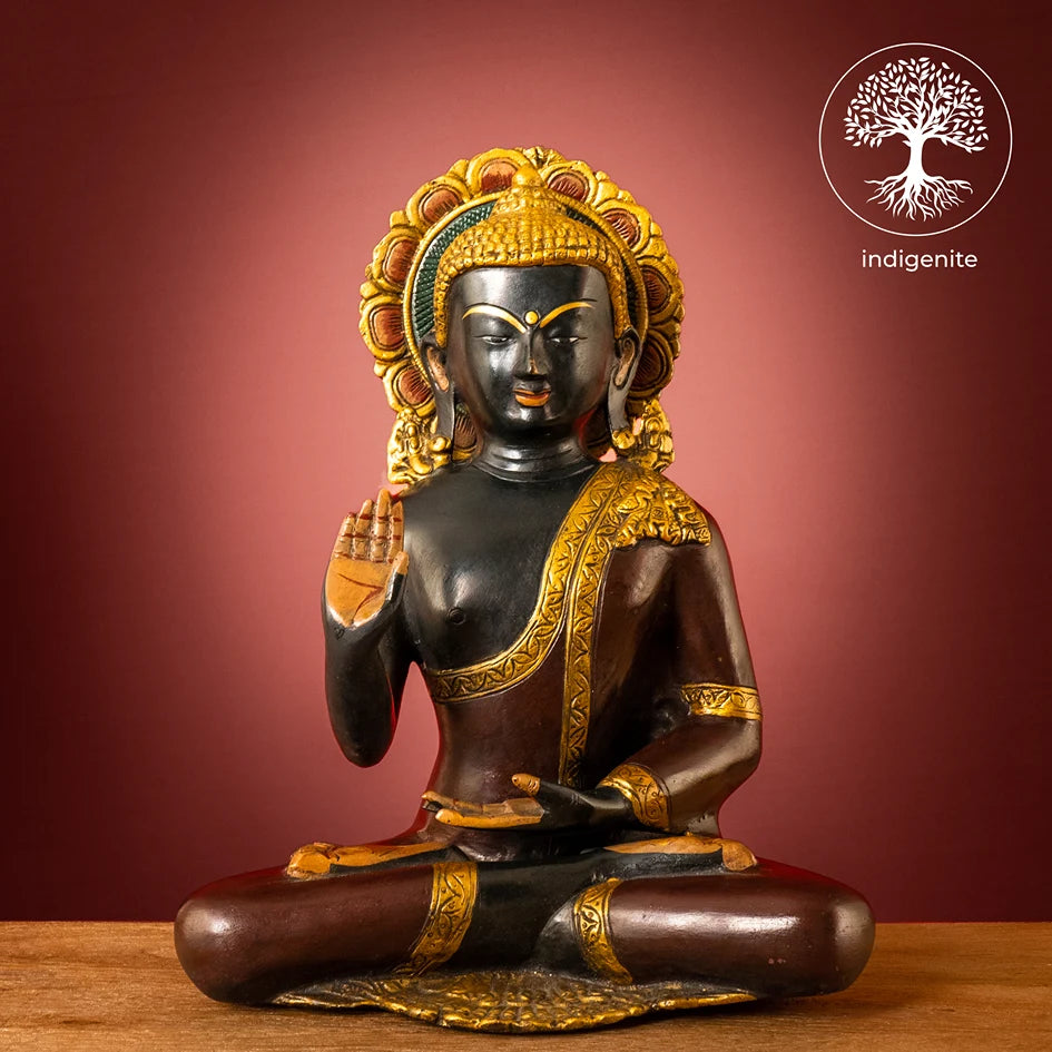 Lord Buddha Sitting In Abhaya Mudra - Brass Statue in Dark Green and Gold Hues