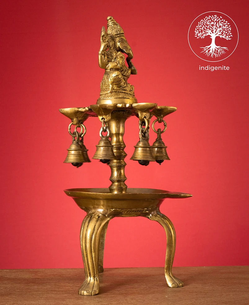 Lord Ganesh Diya Stand with Bells - Brass Decorative