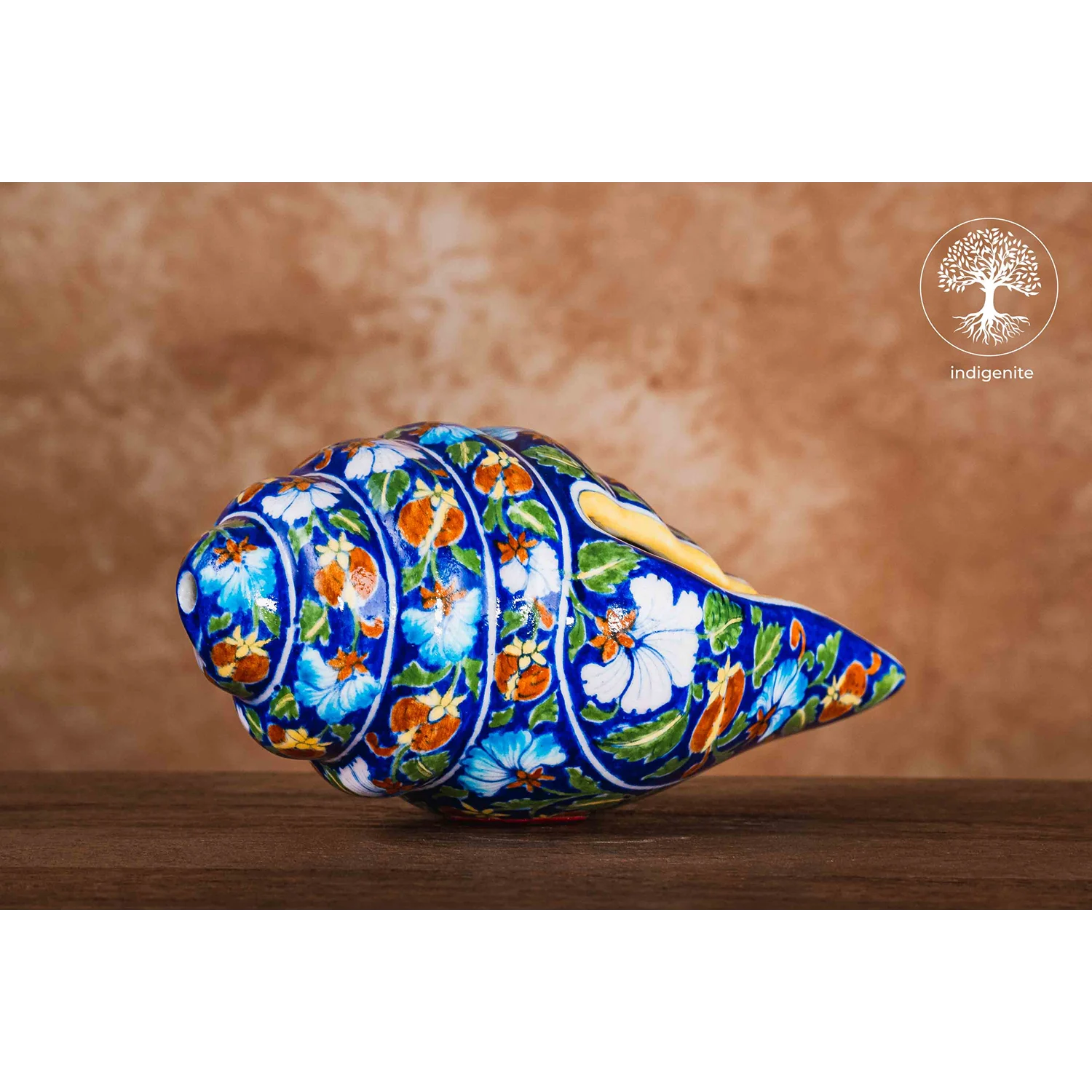 Midnight Blue and Colorful Decorative Shankh 10 Inch - Jaipur Blue Pottery