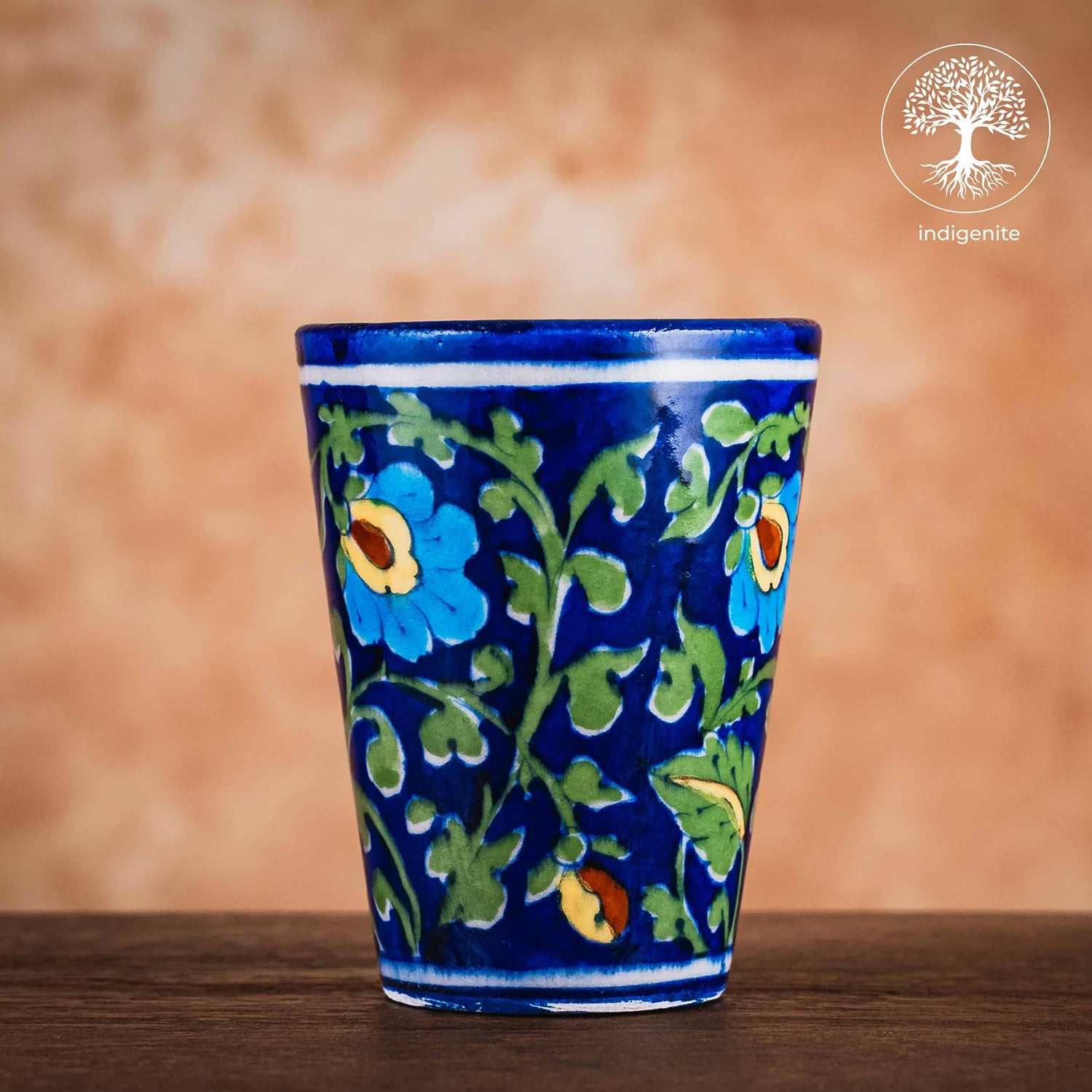 Midnight Blue and Colorful Floral Glass 4 Inches - Jaipur Blue Pottery