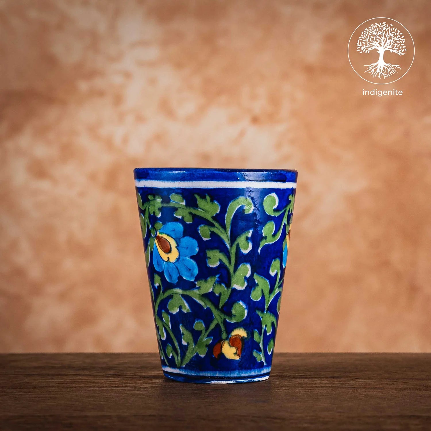 Midnight Blue and Colorful Floral Glass 4 Inches - Jaipur Blue Pottery