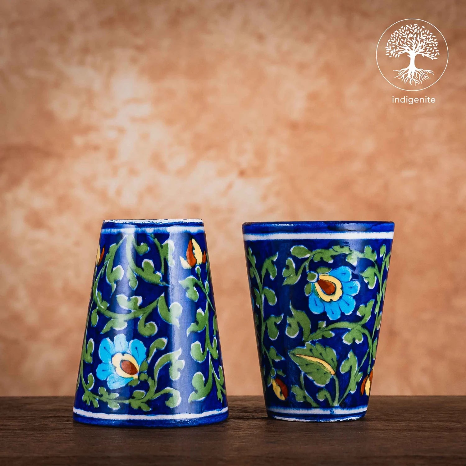Midnight Blue and Colorful Floral Glass 4 Inches Set of 2 - Jaipur Blue Pottery
