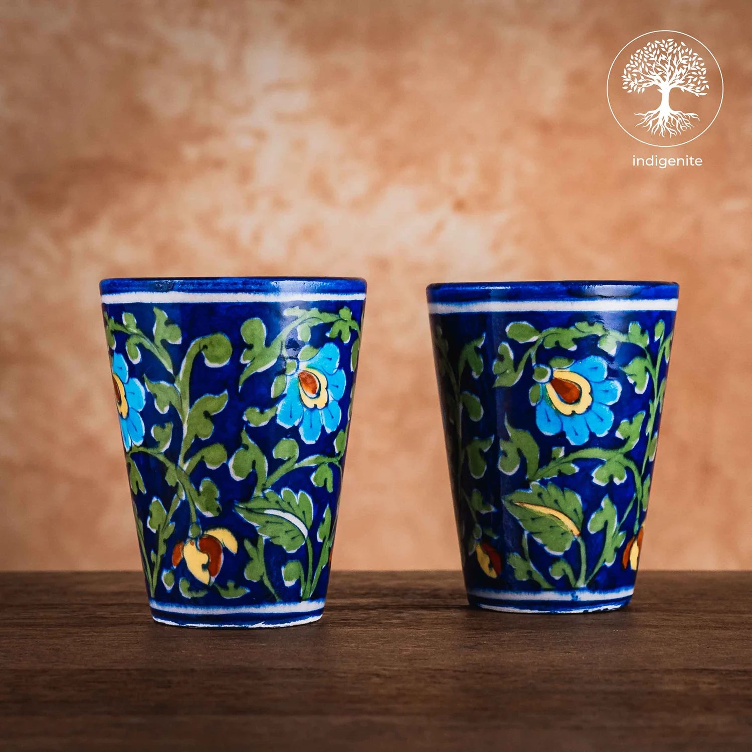 Midnight Blue and Colorful Floral Glass 4 Inches Set of 2 - Jaipur Blue Pottery