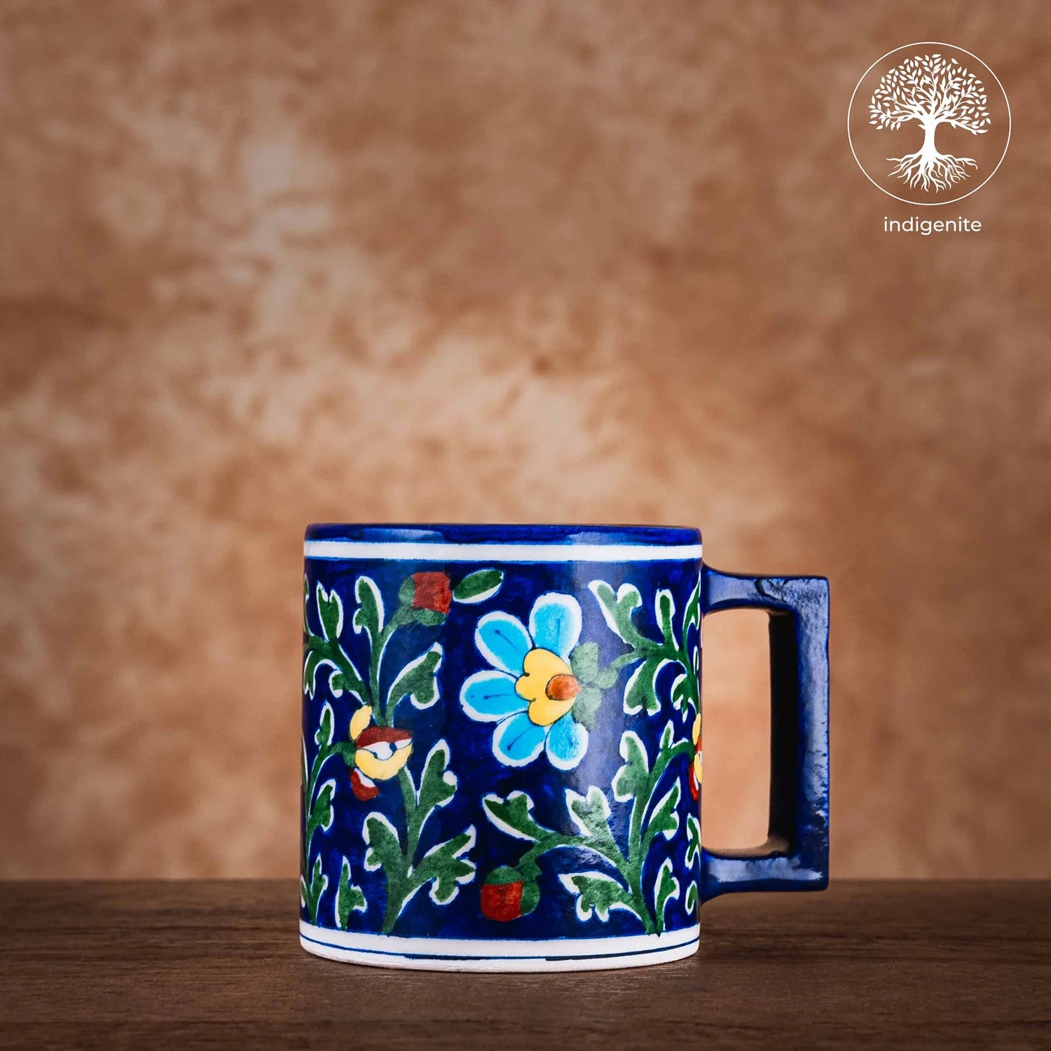 Midnight Blue and Colorful Floral Mug 4 Inches - Jaipur Blue Pottery