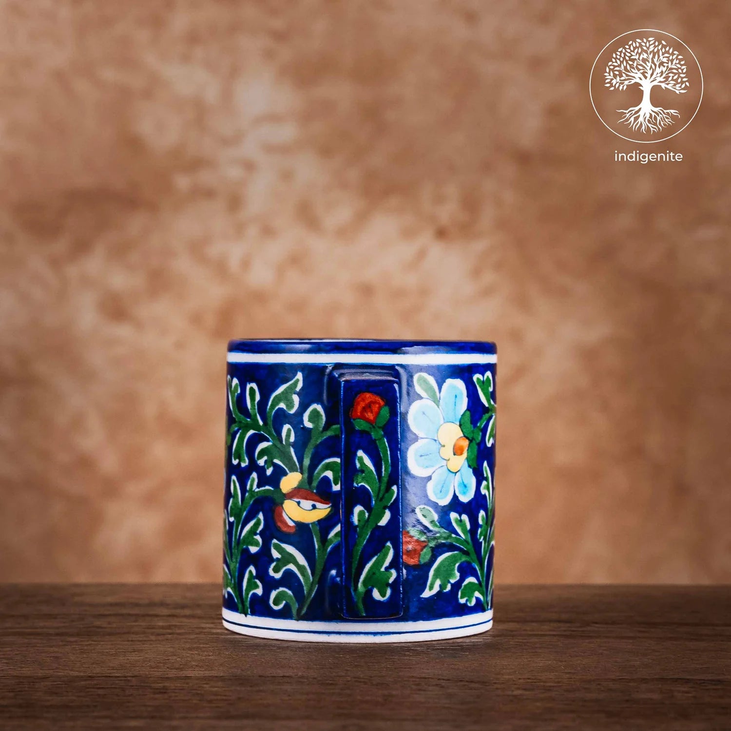 Midnight Blue and Colorful Floral Mug 4 Inches - Jaipur Blue Pottery