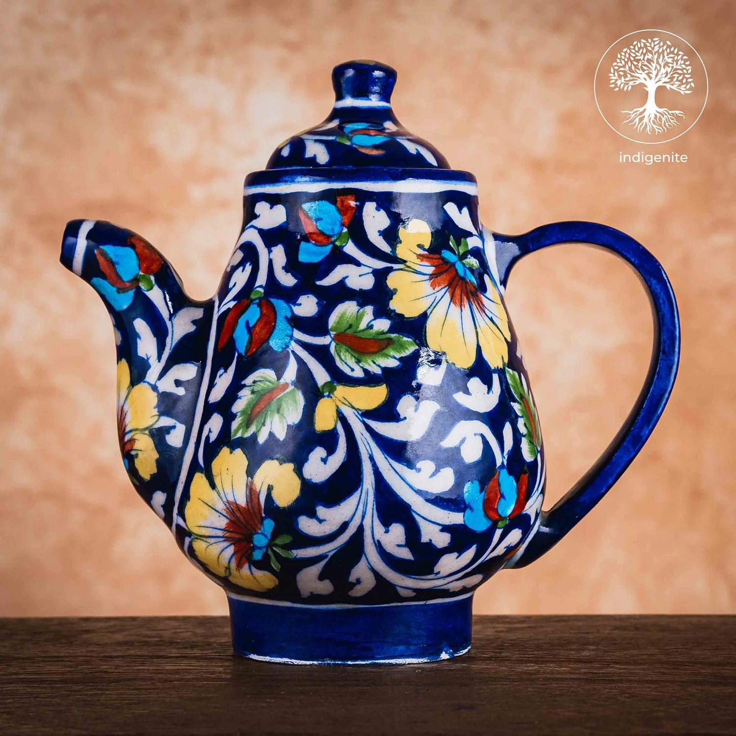 Midnight Blue and Colorful Floral Tea Pot  - Jaipur Blue Pottery