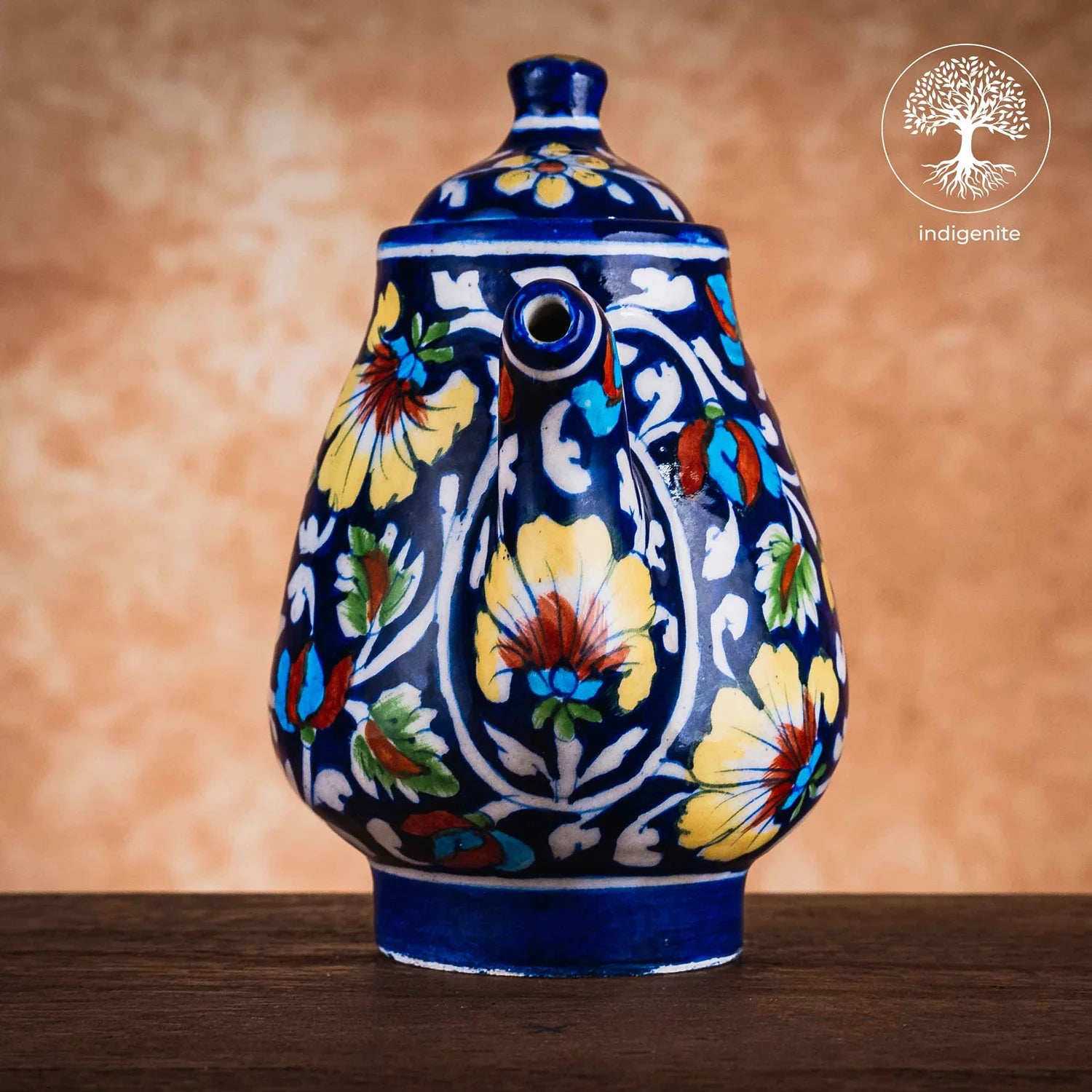 Midnight Blue and Colorful Floral Tea Pot  - Jaipur Blue Pottery