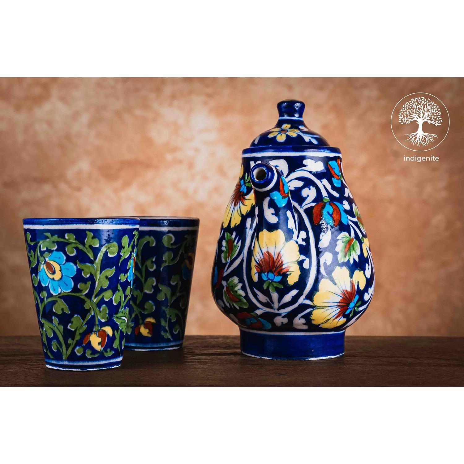 Midnight Blue and Colorful Floral Tea Pot Set - Jaipur Blue Pottery