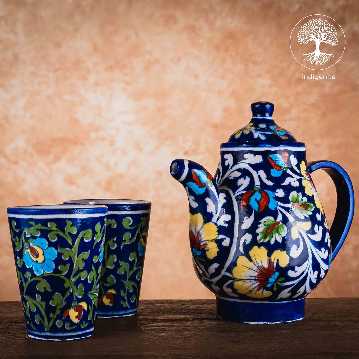 Midnight Blue and Colorful Floral Tea Pot Set - Jaipur Blue Pottery