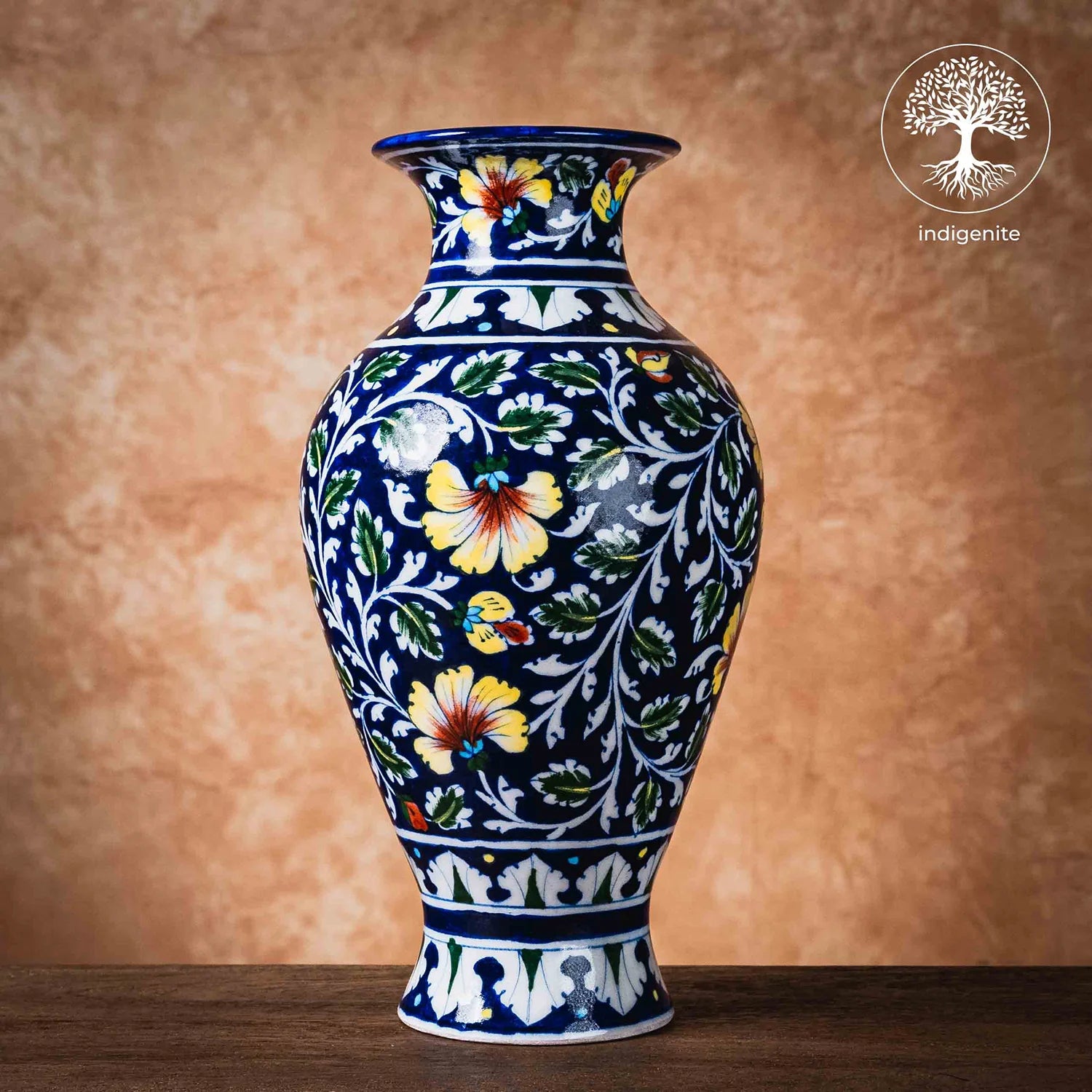 Midnight Blue and Colorful Floral Vase 11.5 Inch - Jaipur Blue Pottery