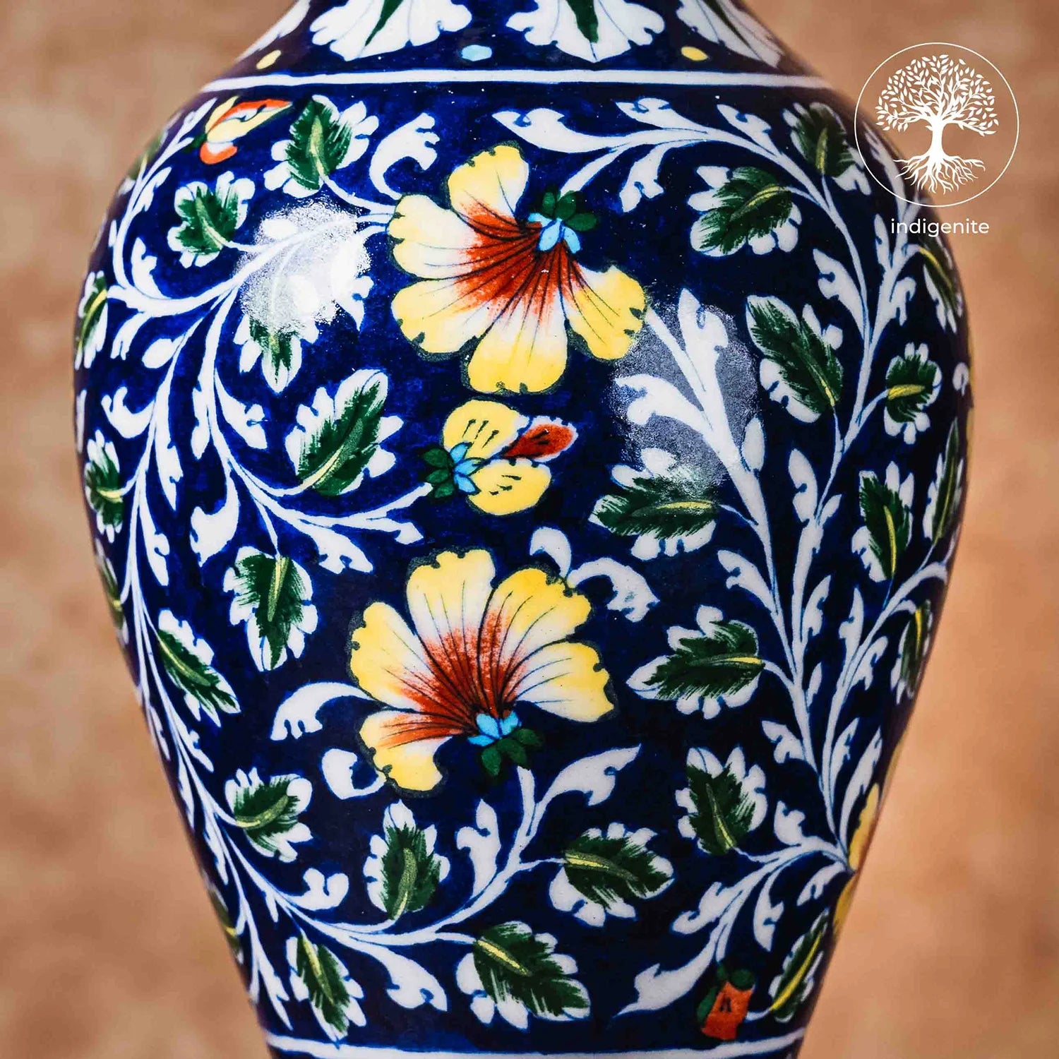 Midnight Blue and Colorful Floral Vase 11.5 Inch - Jaipur Blue Pottery