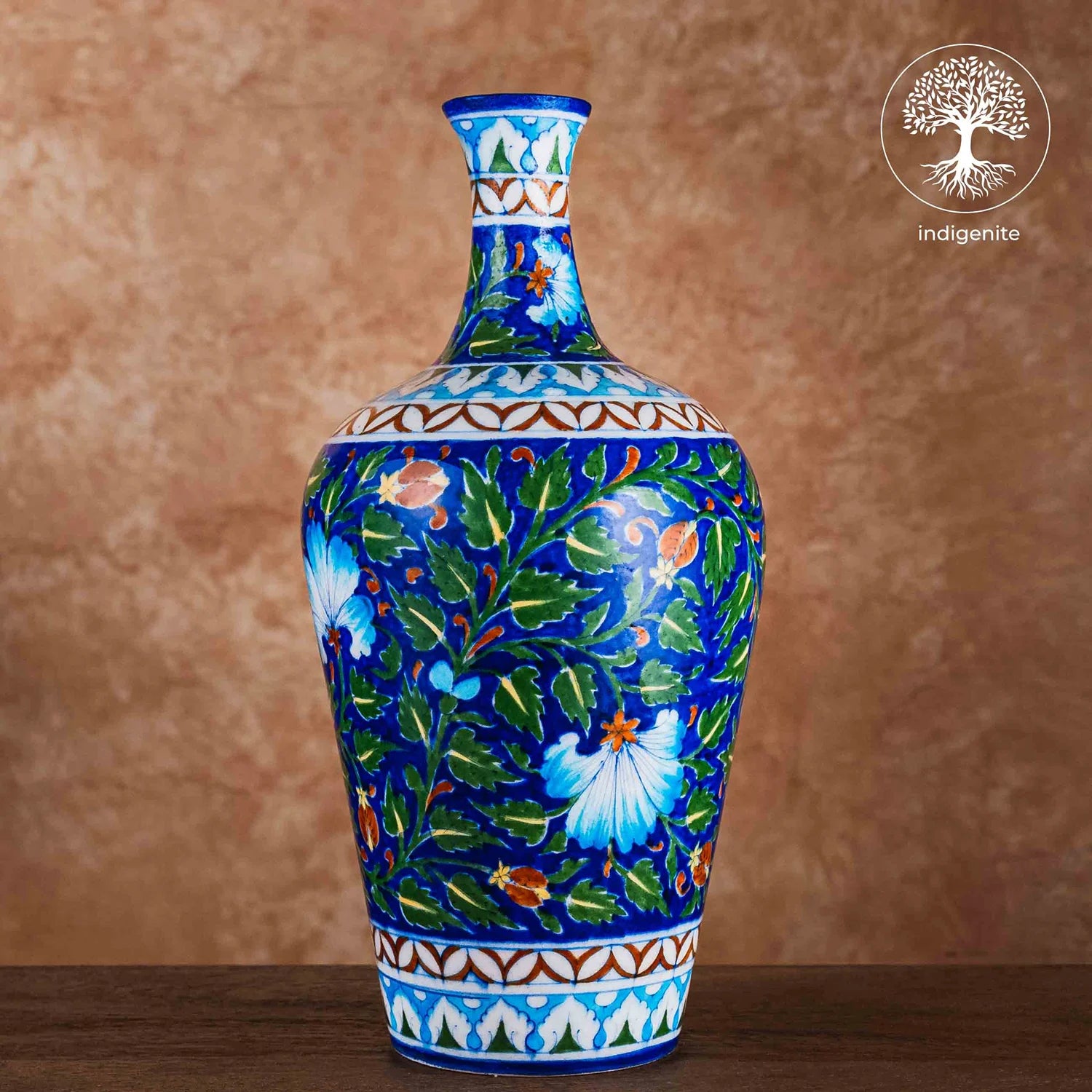 Midnight Blue and Colorful Floral Vase 12 Inch - Jaipur Blue Pottery