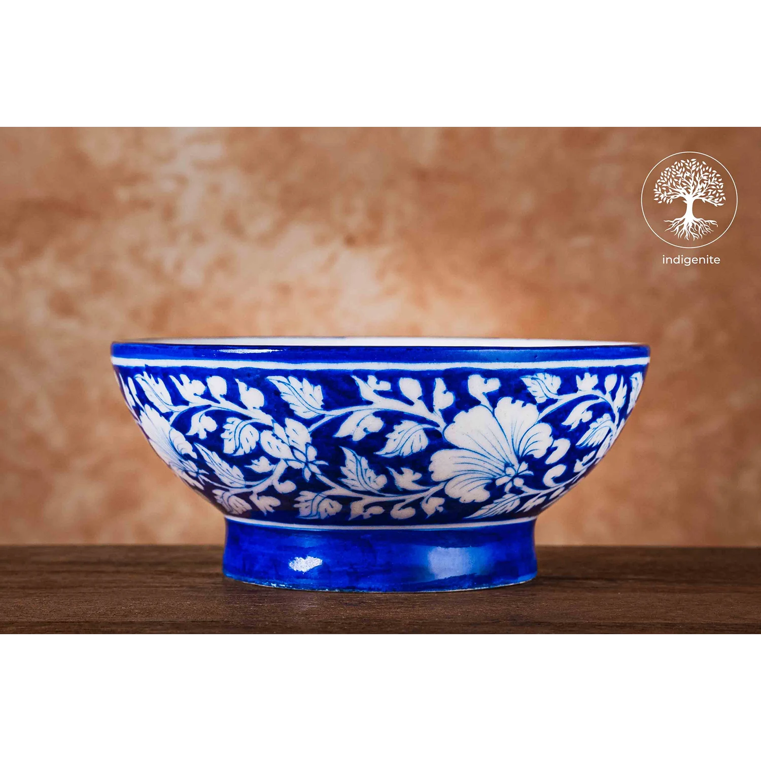 Midnight Blue and White Floral Bowl 8 Inches - Jaipur Blue Pottery