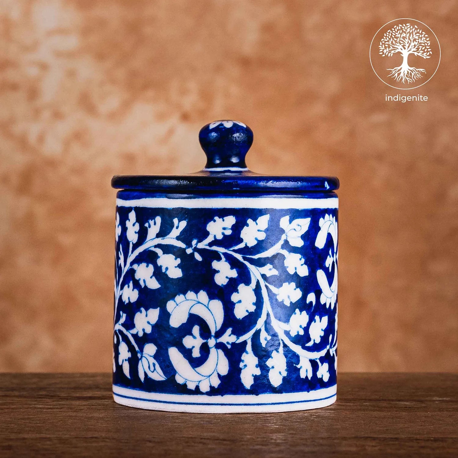 Midnight Blue and White Floral Cotton Jar 4 Inches - Jaipur Blue Pottery