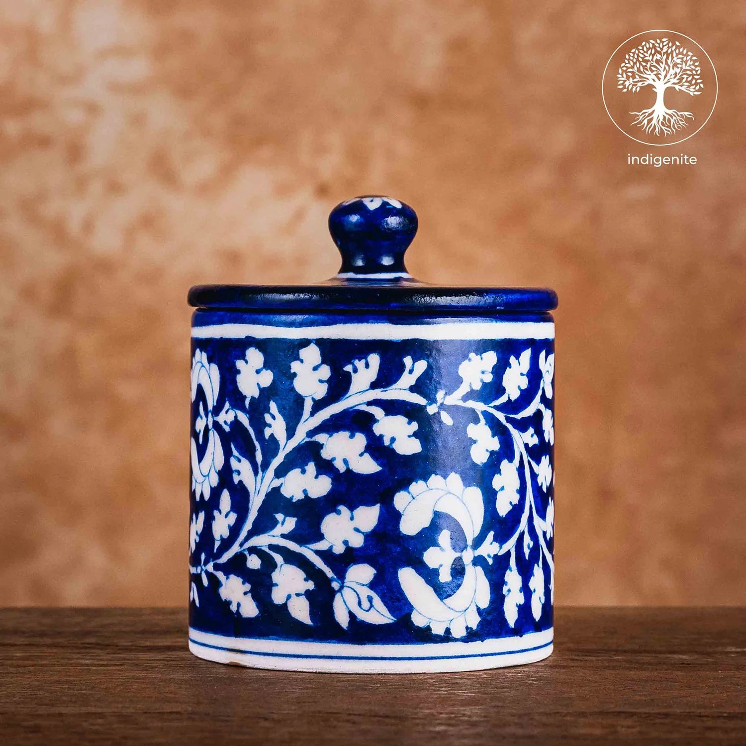 Midnight Blue and White Floral Cotton Jar 4 Inches - Jaipur Blue Pottery