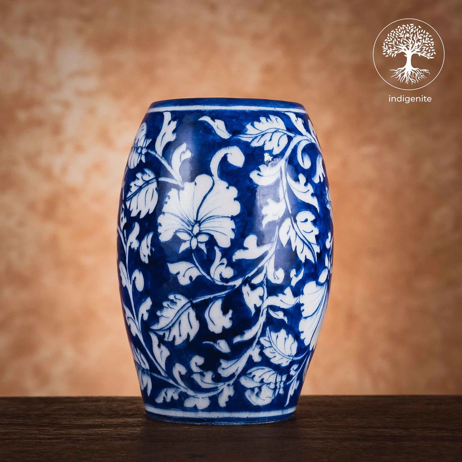 Midnight Blue and White Floral Drum Vase 6 Inch - Jaipur Blue Pottery