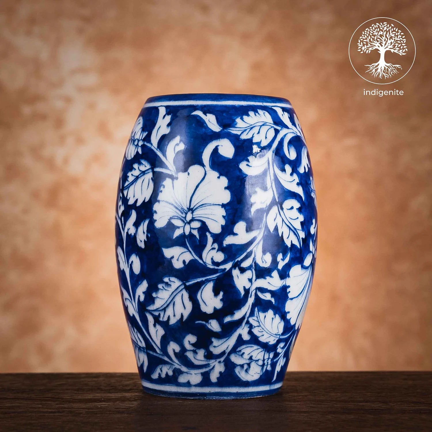 Midnight Blue and White Floral Drum Vase 6 Inch - Jaipur Blue Pottery