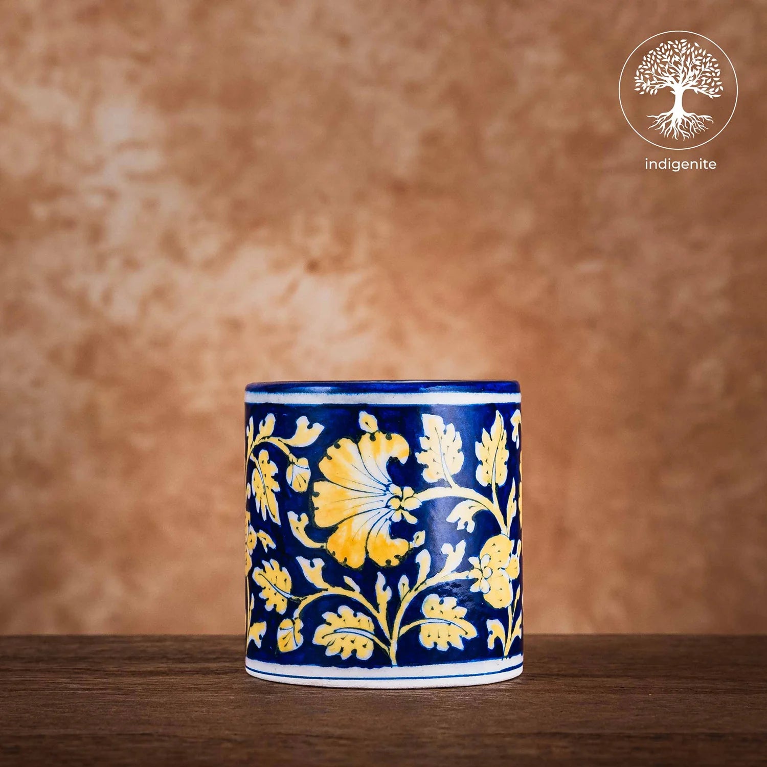 Midnight Blue and Yellow Floral Mug 4 Inches - Jaipur Blue Pottery