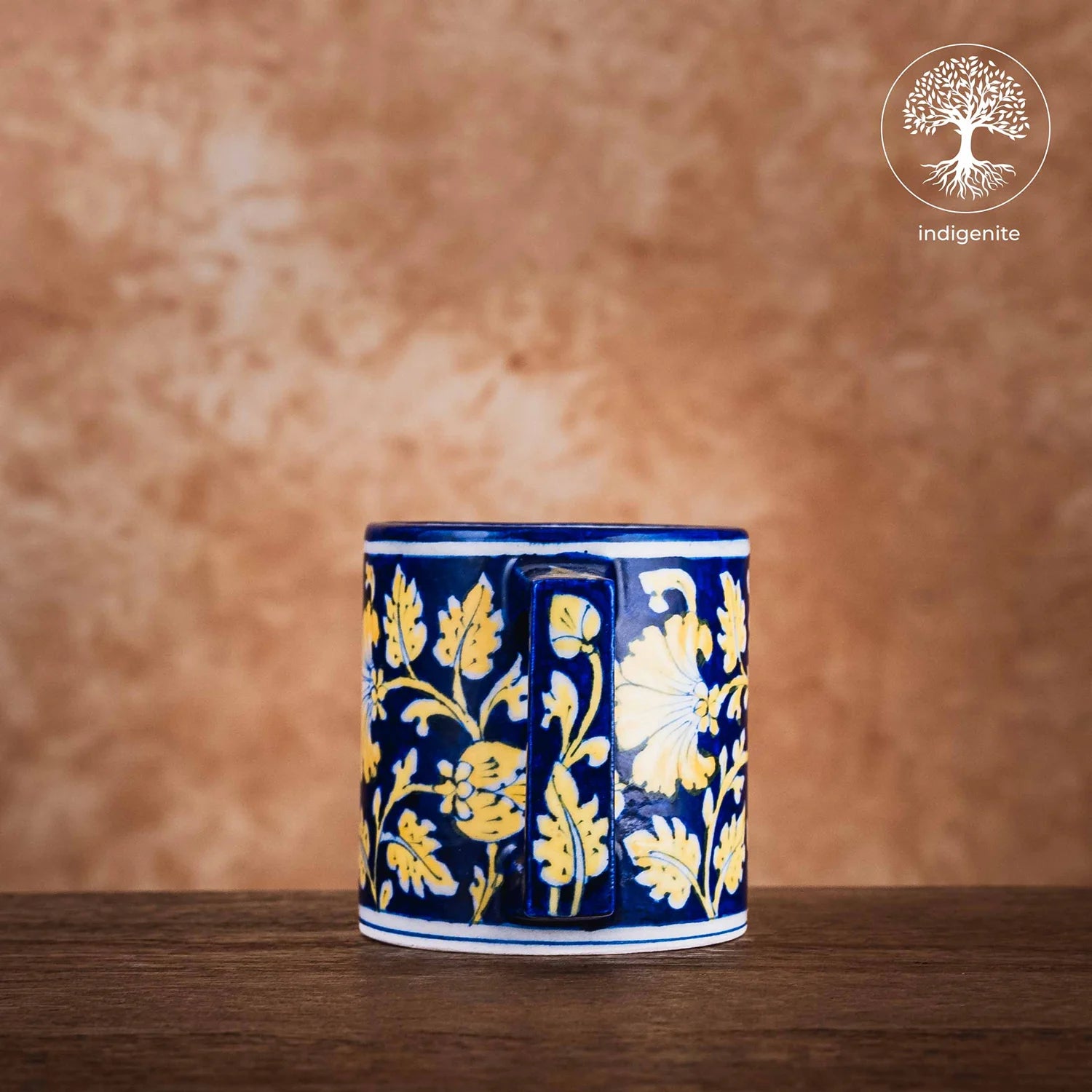 Midnight Blue and Yellow Floral Mug 4 Inches - Jaipur Blue Pottery