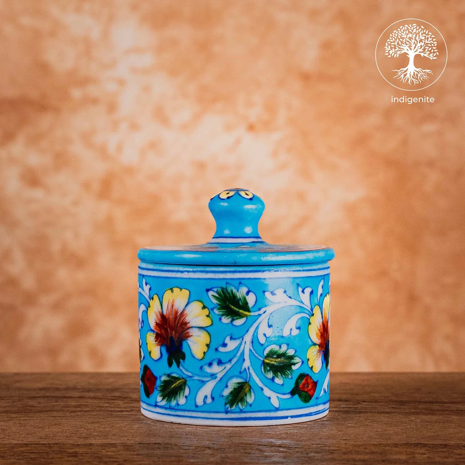 Sky Blue and Colorful Floral Cotton Jar 3 Inches - Jaipur Blue Pottery