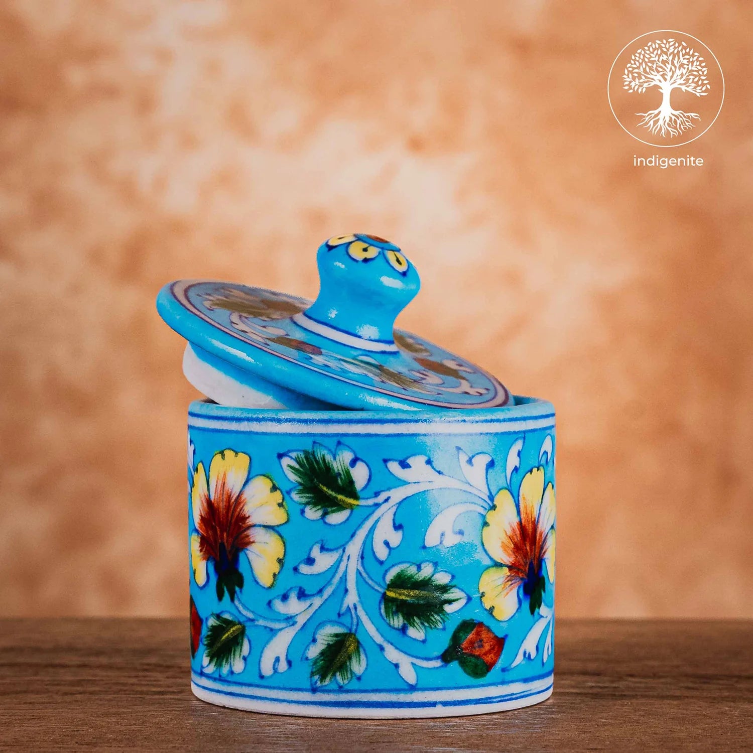 Sky Blue and Colorful Floral Cotton Jar 3 Inches - Jaipur Blue Pottery