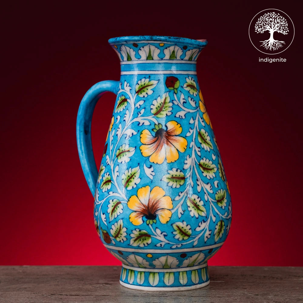 Sky Blue and Multicolor Floral Jug 10 Inch - Jaipur Blue Pottery