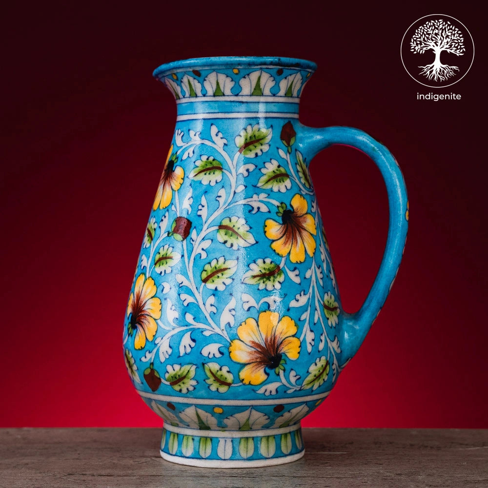 Sky Blue and Multicolor Floral Jug 10 Inch - Jaipur Blue Pottery