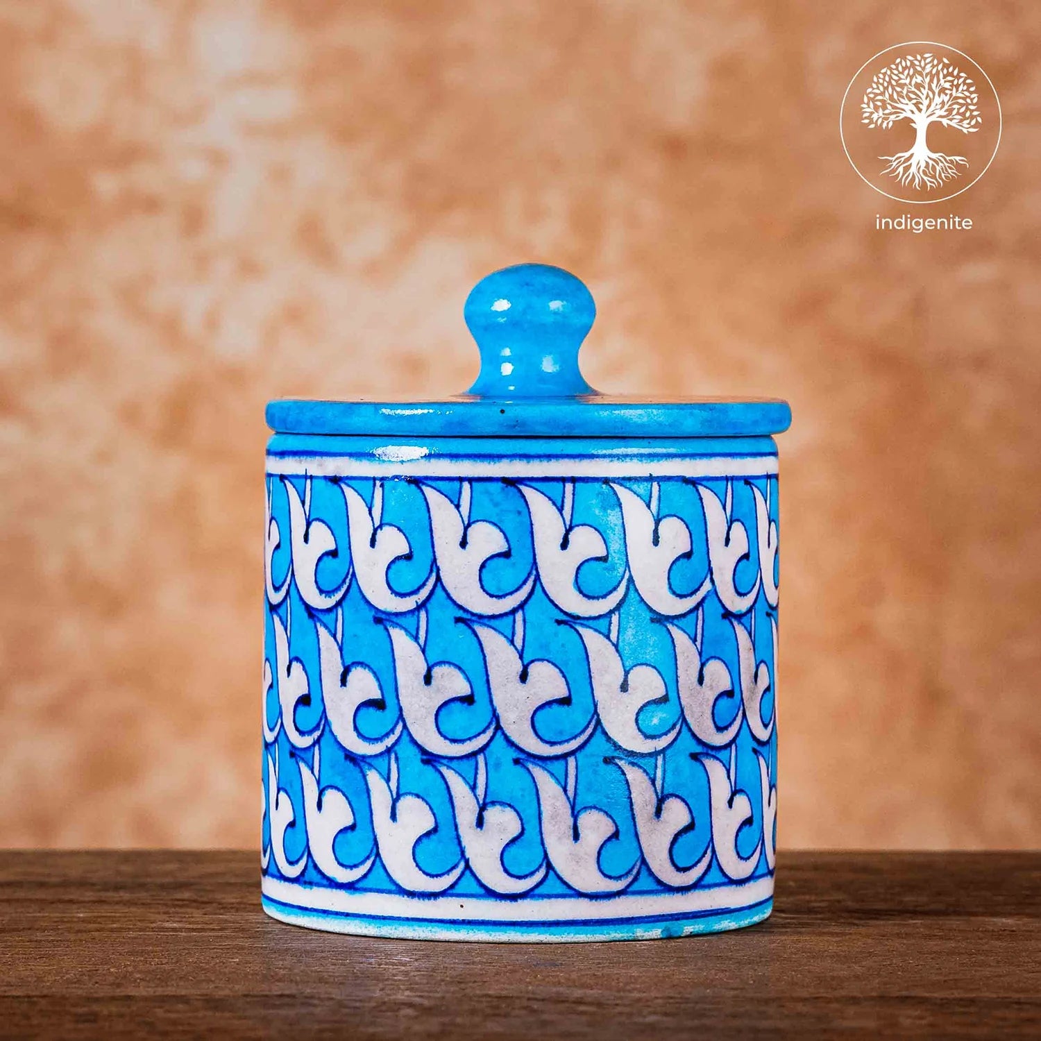 Sky Blue and White Neo Patter Cotton Jar 4 Inches - Jaipur Blue Pottery