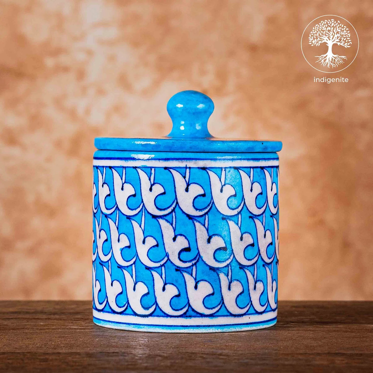 Sky Blue and White Neo Patter Cotton Jar 4 Inches - Jaipur Blue Pottery