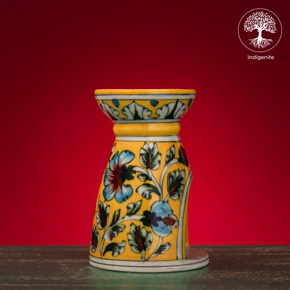 Yellow and Multicolor Floral Aroma Burner 4 Inch - Jaipur Blue Pottery