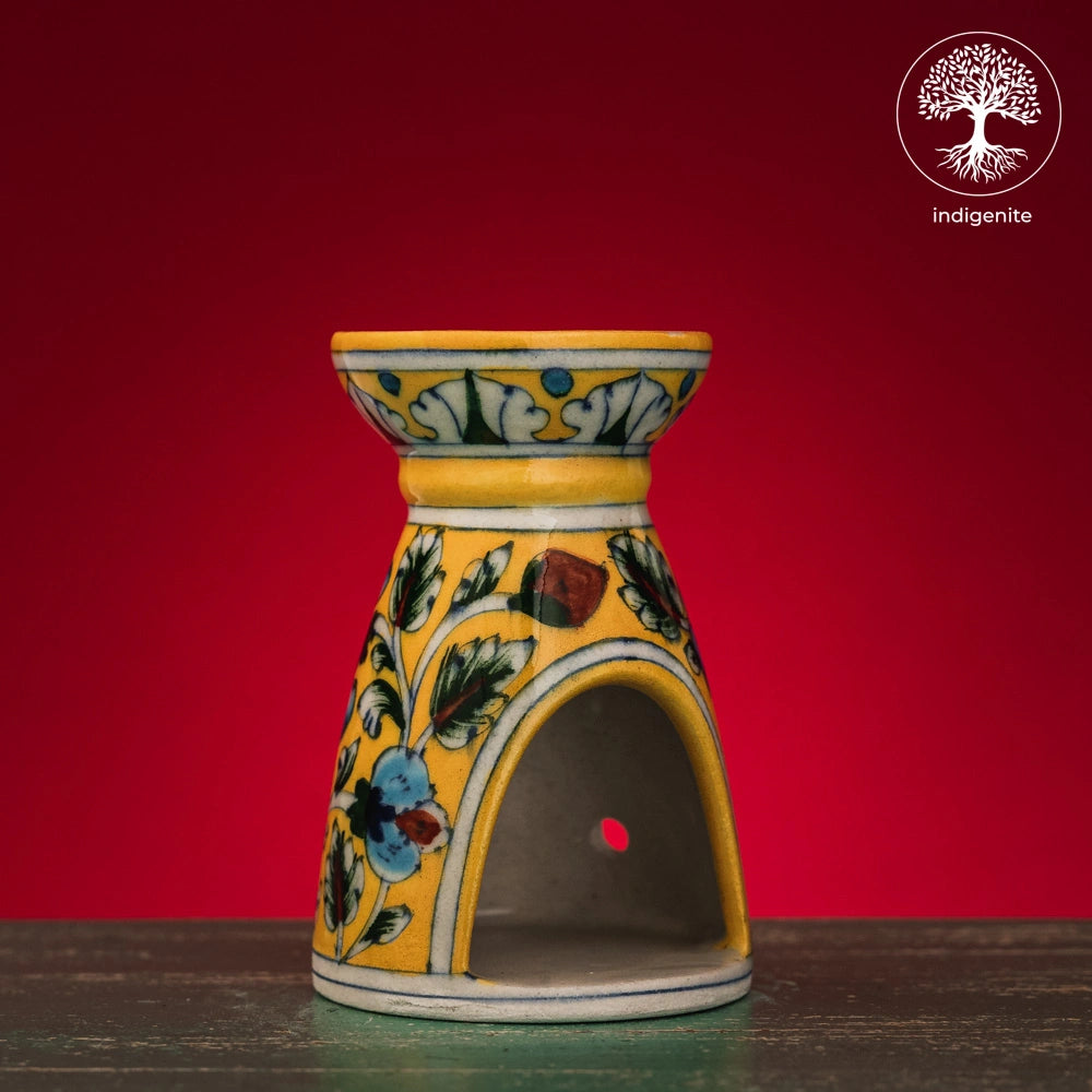 Yellow and Multicolor Floral Aroma Burner 4 Inch - Jaipur Blue Pottery