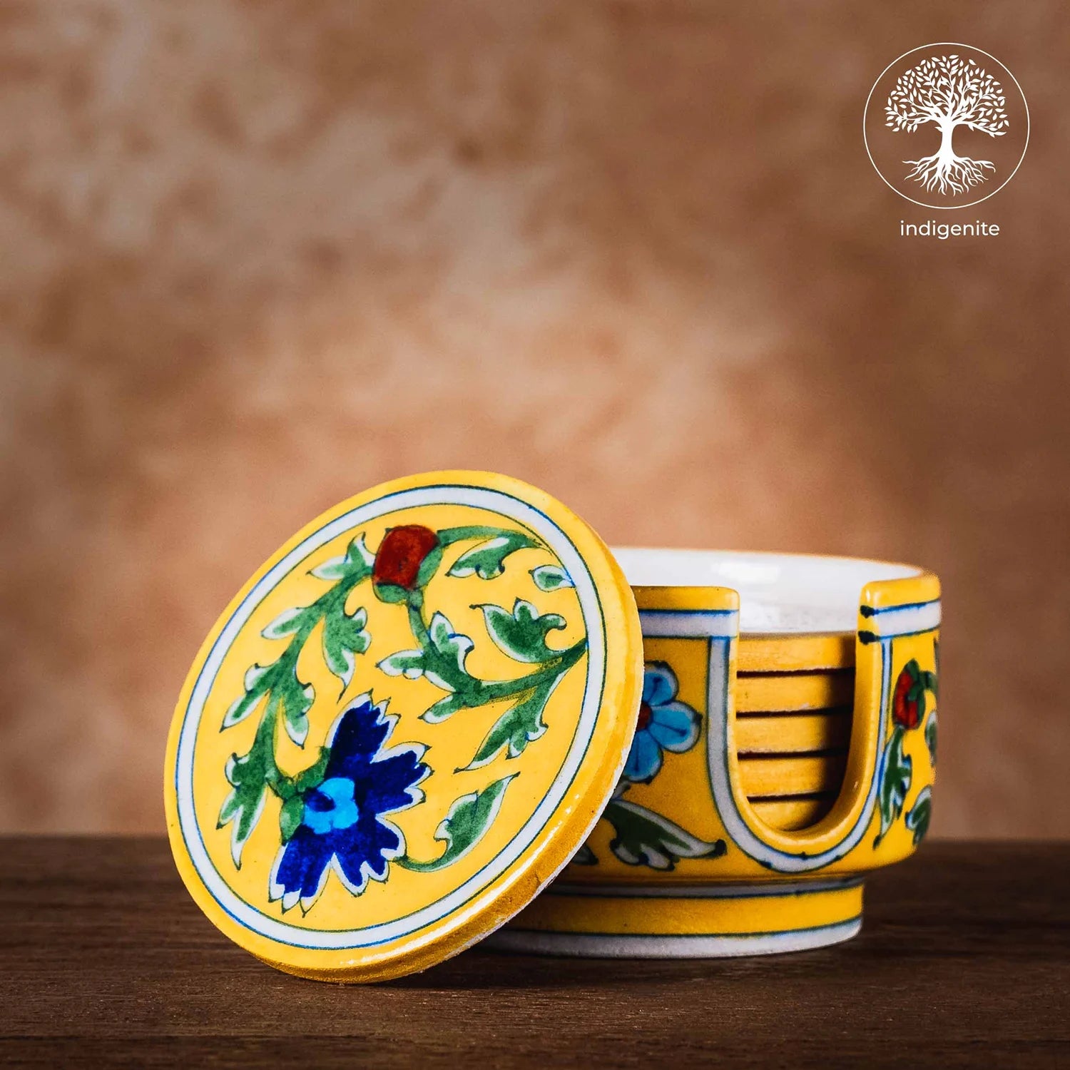 Yellow and Multicolor Floral Coaster Set of 6 - Jaipur Blue Pottery