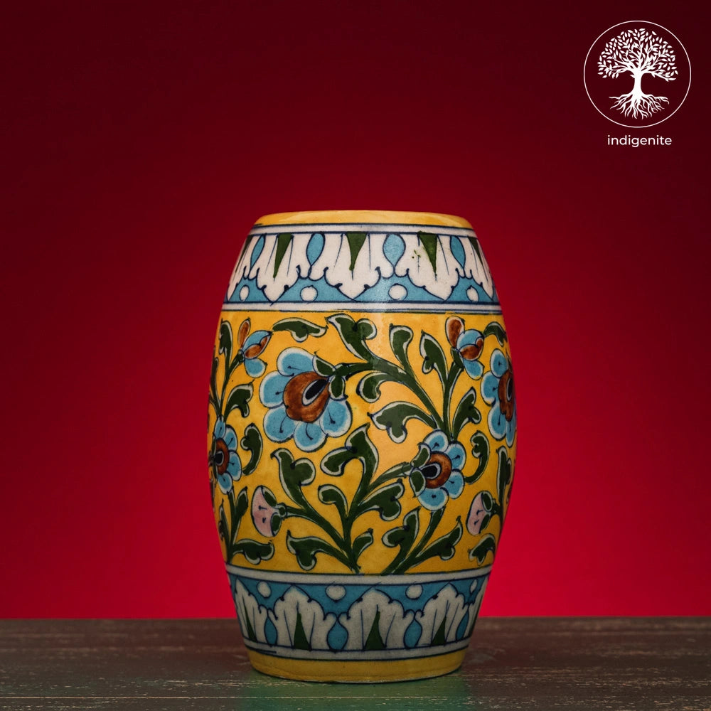 Yellow and Multicolor Floral Drum Vase 6 Inch - Jaipur Blue Pottery