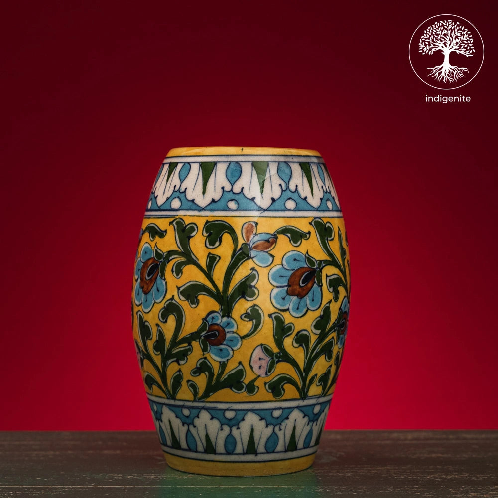 Yellow and Multicolor Floral Drum Vase 6 Inch - Jaipur Blue Pottery