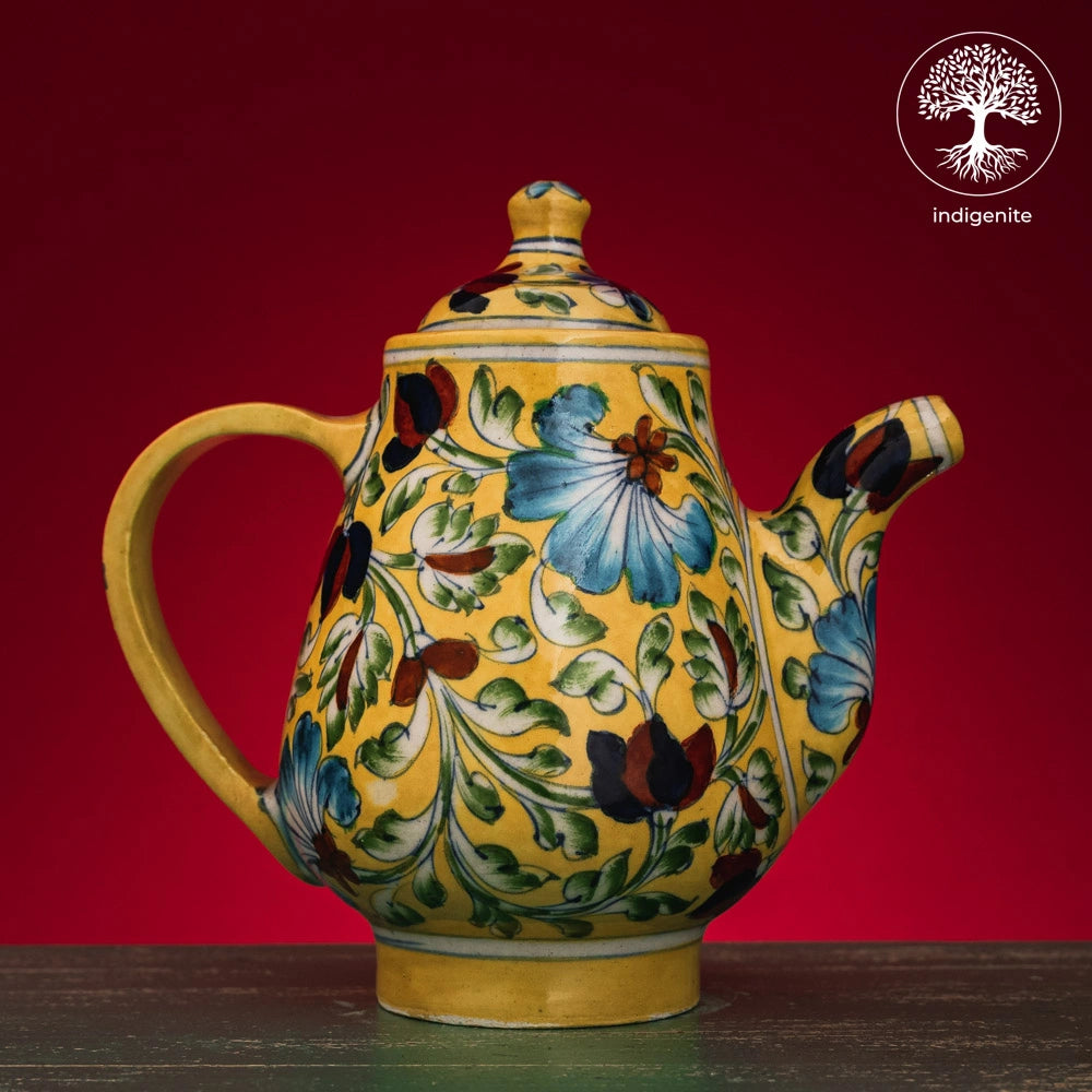 Yellow and Multicolor Floral Tea Pot - Jaipur Blue Pottery