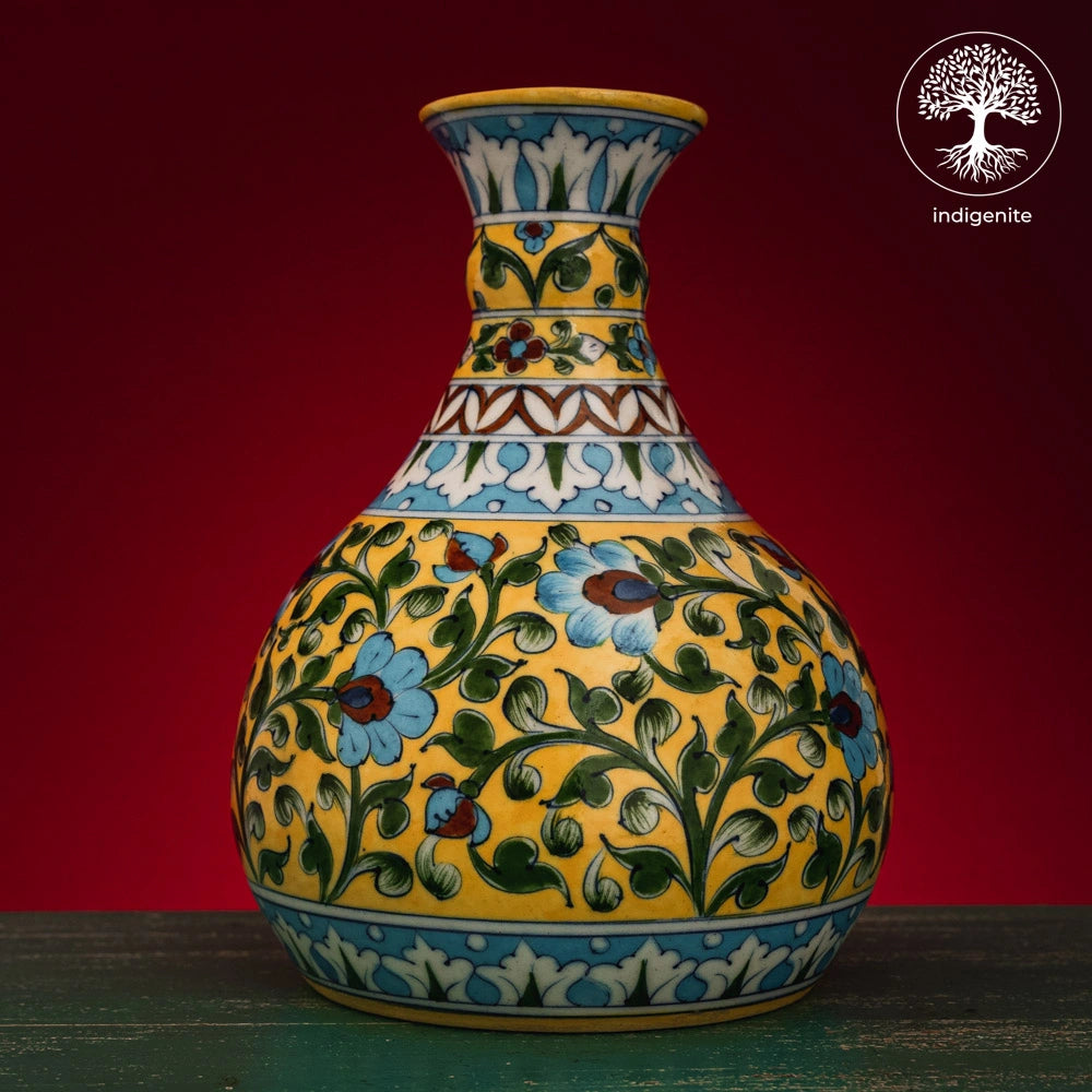 Yellow and Multicolor Floral Saras Vase - Jaipur Blue Pottery