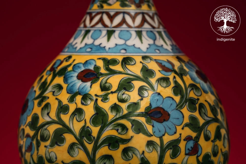 Yellow and Multicolor Floral Saras Vase - Jaipur Blue Pottery